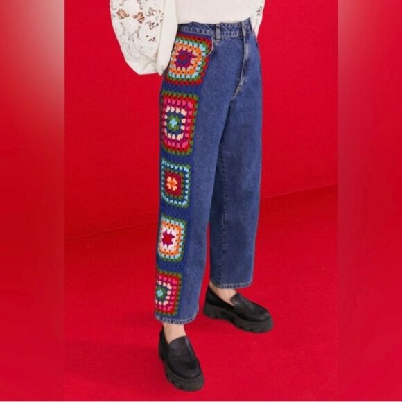 RARE Farm Rio Crochet Squares Denim Jacket & Jeans Set Pants Granny Blue Size S - Picture 5 of 16